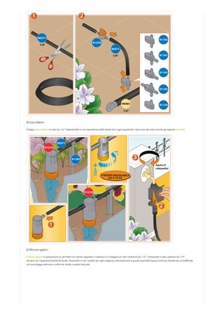 5) Gocciolatori
Collega i gocciolatori al tubo da 1/4″ disponendoli in corrispondenza delle piante da irrigare guidando il percorso del tubo tramite gli appositi picchetti.
6) Microirrigatori
I microirrigatori si posizionano su picchetti con astine regolabili in altezza e si collegano al tubo collettore da 1/2″, utilizzando il tubo capillare da 1/3″,
sempre con l’apposita fustella foratubo. Disponibili in vari modelli per ogni esigenza, distribuiscono la giusta quantità d’acqua sull’area desiderata, annaffiando
con una pioggia delicata e uniforme, simile a quella naturale.
 