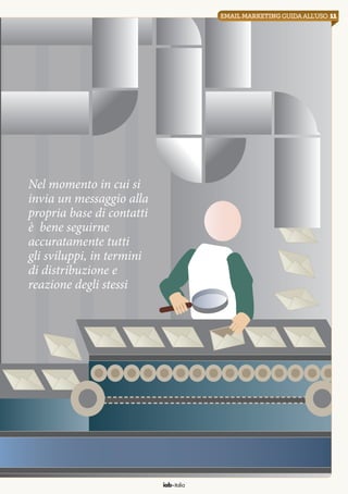 iab italia
11emailmarketingguidaall’uso
Nel momento in cui si
invia un messaggio alla
propria base di contatti
è bene seguirne
accuratamente tutti
gli sviluppi, in termini
di distribuzione e
reazione degli stessi
 