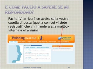 Facile! Vi arriverà un avviso sulla vostra casella di posta (quella con cui vi siete registrati) che vi rimanderà alla mailbox interna a eTwinning. Elena Pezzi - Guida eTwinning 