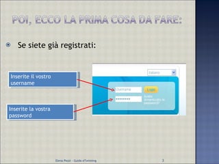 Se siete già registrati: Inserite il vostro username Inserite la vostra password Elena Pezzi - Guida eTwinning 