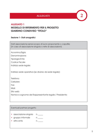 ALLEGATI

2

ALLEGATO 1
MODELLO DI RIFERIMENTO PER IL PROGETTO
GIARDINO CONDIVISO “TITOLO”
Sezione 1- Dati anagrafici
Dati associazione senza scopo di lucro proponente o capofila
(in caso di associazione singola o rete di associazioni)
Acronimo/Sigla:
Denominazione:
Tipologia Ente:
Codice Fiscale:
Indirizzo sede legale:
Indirizzo sede operativa (se diverso da sede legale):
Telefono:
Cellulare:
Fax:
Mail:
Sito web:
Nome e cognome del Rappresentante legale / Presidente:

Eventuali partner progetto
• associazione singola

n. _____

• gruppo informale

n. _____

• altro ente

n. _____

5

 