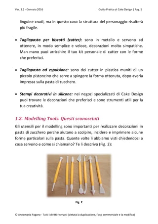 Ver. 3.2 - Gennaio 2016 Guida Pratica al Cake Design | Pag. 5
© Annamaria Pagano - Tutti i diritti riservati (vietata la duplicazione, l’uso commerciale e la modifica)
linguine crudi, ma in questo caso la struttura del personaggio risulterà
più fragile.
 Tagliapasta per biscotti (cutter): sono in metallo e servono ad
ottenere, in modo semplice e veloce, decorazioni molto simpatiche.
Man mano puoi arricchire il tuo kit personale di cutter con le forme
che preferisci.
 Tagliapasta ad espulsione: sono dei cutter in plastica muniti di un
piccolo pistoncino che serve a spingere la forma ottenuta, dopo averla
impressa sulla pasta di zucchero.
 Stampi decorativi in silicone: nei negozi specializzati di Cake Design
puoi trovare le decorazioni che preferisci e sono strumenti utili per la
tua creatività.
1.2. Modelling Tools. Questi sconosciuti
Gli utensili per il modelling sono importanti per realizzare decorazioni in
pasta di zucchero perché aiutano a scolpire, incidere e imprimere alcune
forme particolari sulla pasta. Quante volte li abbiamo visti chiedendoci a
cosa servono e come si chiamano? Te li descrivo (Fig. 2):
Fig. 2
 
