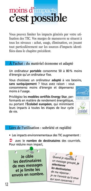 moins d’impacts
     c’est possible
     Vous pouvez limiter les impacts générés par votre uti-
     lisation des TIC. Vos marges de manœuvre se situent à
     tous les niveaux : achat, usage, élimination, en jouant
     tout particulièrement sur les sources d’impacts identi-
     fiées dans le chapitre précédent.


     À l’achat : du matériel économe et adapté
     Un ordinateur portable consomme 50 à 80 % moins
     d’énergie qu’un ordinateur fixe .
     Vous choisissez un ordinateur adapté à vos besoins,
     sans suréquipement ? Vous avez raison : vous
     consommerez moins d’énergie et dépenserez
     moins à l’usage .
     Privilégiez les modèles certifiés Energy Star, per-
     formants en matière de rendement énergétique,
     ou portant l’Écolabel européen, qui minimisent
     leurs impacts à toutes les étapes de leur cycle
     de vie .




     Lors de l’utilisation : sobriété et rapidité
     • Les impacts environnementaux des TIC augmentent :
      avec le nombre de destinataires des courrriels .
     Pour réduire mon impact,


              Je cible                  Quand je ré
                                                     ponds à
        les destinataires              un message
                                                     groupé, je
       de mes messages
                                       sélectionne
                                      les destina
          et je limite les            de ma répo
                                                  taires

       envois en nombre.
                                                   nse :
                                     je ne l’envo
                                                  ie qu’à ceu
                                     qui sont co             x
                                                 ncernés !
12
 