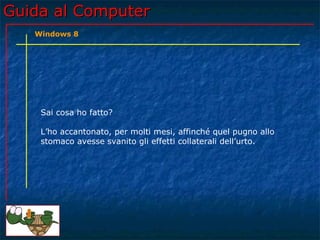 Guida al ComputerGuida al Computer
Sai cosa ho fatto?
L’ho accantonato, per molti mesi, affinché quel pugno allo
stomaco avesse svanito gli effetti collaterali dell’urto.
Windows 8
 