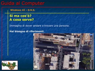 Guida al ComputerGuida al Computer
Si ma cos’è?
A cosa serve?
Immagina di dover andare a trovare una persona.
Hai bisogno di riferimenti.
Windows 10 – D.N.S.
 