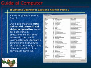 Guida al Computer
   Il Sistema Operativo: Gestione Attività Parte 2

   Hai visto quanta carne al
   fuoco?

   Qui è evidenziata la lista
   dei servizi presenti nel
   sistema operativo, alcuni
   dei quali sono in
   esecuzione ed altri sono
   interrotti o per via di
   un'impostazione standard o
   perché sono intervenute
   altre situazioni, magari una
   chiusura specifica di un
   servizio da parte tua.
 