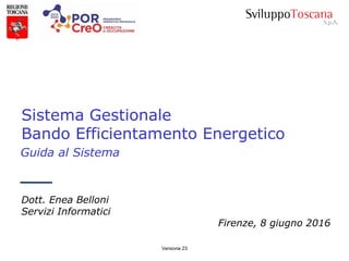 Guida al Sistema
Sistema Gestionale
Bando Efficientamento Energetico
Versione 23
Dott. Enea Belloni
Servizi Informatici
Firenze, 8 giugno 2016
 