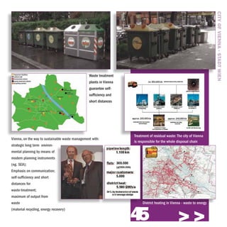 CITY OF VIENNA - STADT WIEN
                                                 Waste treatment
                                                 plants in Vienna
                                                 guarantee self-
                                                 sufficiency and
                                                 short distances




                                                                    Treatment of residual waste: The city of Vienna
Vienna, on the way to sustainable waste management with:
                                                                    is responsible for the whole disposal chain
strategic long term environ-
mental planning by means of
modern planning instruments
(eg. SEA);
Emphasis on communication;
self-sufficiency and short
distances for
waste-treatment;
maximum of output from
waste                                                                    District heating in Vienna - waste to energy



                                                                    45                           >>>
(material recycling, energy recovery)
 