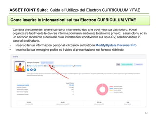 Compila direttamente i diversi campi di inserimento dati che trovi nella tua dashboard. Potrai
organizzare facilmente le diverse informazioni in un ambiente totalmente privato: sarai solo tu ed in
un secondo momento a decidere quali informazioni condividere sul tuo e-CV, selezionandole in
base al destinatario.
• Inserisci le tue informazioni personali cliccando sul bottone Modify/Update Personal Info
• Inserisci la tua immagine profilo ed i video di presentazione nel formato richiesto
ASSET POINT Suite: Guida all’Utilizzo del Electron CURRICULUM VITAE
Come inserire le informazioni sul tuo Electron CURRICULUM VITAE
12
 