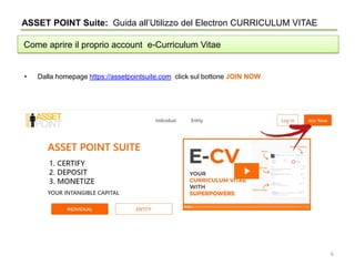 ASSET POINT Suite: Guida all’Utilizzo del Electron CURRICULUM VITAE
Come aprire il proprio account e-Curriculum Vitae
• Dalla homepage https://assetpointsuite.com click sul bottone JOIN NOW
6
 