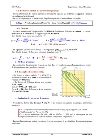 ISET Nabeul Département : Génie Mécanique
Conception Mécanique Niveau 3CFM
59
a-2- Facteur ou produit p.V (critère énergétique) :
- Il est déterminant. Sa valeur permet de mesurer la capacité du matériau à supporter l’énergie
engendrée par le frottement.
- En cas de dépassement la température du palier augmente et la destruction est rapide.
a-3- Exemple :
- Un palier supporte une charge radiale F = 100 daN ; le diamètre de l’arbre d = 40mm ; la vitesse
de rotation N = 500 tr/mn et la largeur du palier L= 50mm.
Q1/- Quelle est la valeur du produit p.V ?
- En reprenant les données ci-dessus, si on impose un (p.V)admissible = 2 Nm/mm2
.s
Q2/- Quelle doit être la longueur minimale (Lmin ) du palier ?
b- Méthode graphique
- Le constructeur des coussinets propose par fois, dans ces catalogues, des abaques qui nous permet
de dimensionner notre produit (coussinet).
b-1- Exemples : Coussinets frittés
c- Evaluation des pertes par frottement
- Considérons l'arbre (2), de rayon R (fig 5). Il est soumis aux actions mécaniques extérieures
suivantes:
Cm : Couple moteur minimum entraînant la rotation de (2) par rapport à (1). [N/m]
F : Effort radial sur l'arbre (2). [N]
F1/2 : Action mécanique du palier (1) sur l'arbre (2) [N] qui se décompose en une
composante normale au contact N et une composante tangentielle T.
- Pendant la rotation en régime permanent (vitesse constante), il y a équilibre des moments et des
résultantes.
(p.V)max = Pression diamétrale [N/mm2
] x Vitesse circonférentielle [m/s] ≤ (p.V)admissible
p =
F
d x L
= = 0.5 N/mm2
1000
40 x 50
V = = = 1047 mm/s ≈ 1.05 m/s
π.N.d
30 x 2
π x500 x20
60
D’où p.V = 0.5 x 1.05 =0.524 Nm/mm2
.s
p.V =
F
d x L
. V ≤ 2  L ≥
F.V
2d
= = 13.1 mm
1000 x 1.05
2 x 40
- On donne la charge radiale Q = 1750 N, le
diamètre de l’arbre d = 20mm et la fréquence de
rotation n = 500 tr/min
=> La lecture de l’abaque donne une pression
p  3,5 Mpa
Soit S = 1750 / 3.5 = 500 mm²
On a S = d.L, d’où la longueur L du coussinet
L = 500/20 = 25 mm
Fig 4
 