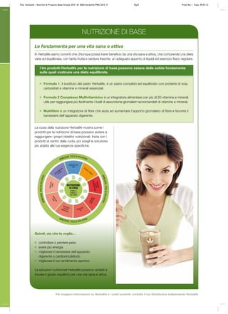Le fondamenta per una vita sana e attiva
In Herbalife siamo convinti che chiunque possa trarre beneficio da una vita sana e attiva, che comprende una dieta
varia ed equilibrata, con tanta frutta e verdura fresche, un adeguato apporto di liquidi ed esercizio fisico regolare.
La ruota della nutrizione Herbalife mostra come i
prodotti per la nutrizione di base possano aiutare a
raggiungere i propri obiettivi nutrizionali. Inizia con i
prodotti al centro della ruota, poi scegli la soluzione
più adatta alle tue esigenze specifiche.
Quindi, sia che tu voglia…
	 controllare o perdere peso
	 avere più energia
	 migliorare il benessere dell’apparato
digerente o cardiocircolatorio
	 migliorare il tuo rendimento sportivo
Le soluzioni nutrizionali Herbalife possono aiutarti a
trovare il giusto equilibrio per una vita sana e attiva.
I tre prodotti Herbalife per la nutrizione di base possono essere delle solide fondamenta
sulle quali costruire una dieta equilibrata.
Formula 1, il sostituto del pasto Herbalife, è un pasto completo ed equilibrato con proteine di soia,
carboidrati e vitamine e minerali essenziali.
Formula 2 Complesso Multivitaminico è un integratore alimentare con più di 20 vitamine e minerali
utile per raggiungere più facilmente i livelli di assunzione giornalieri raccomandati di vitamine e minerali.
Multifibre è un integratore di fibre che aiuta ad aumentare l’apporto giornaliero di fibre e favorire il
benessere dell’apparato digerente.
NUTRIZIONE DI BASE
Title: Herbalife – Nutrition & Products Made Simple 2010 ID: 0000-Herbalife-PMS-2010_IT	 Pg23 Proof No: I Date: 09/01/12
Per maggiori informazioni su Herbalife e i nostri prodotti, contatta il tuo Distributore Indipendente Herbalife
 