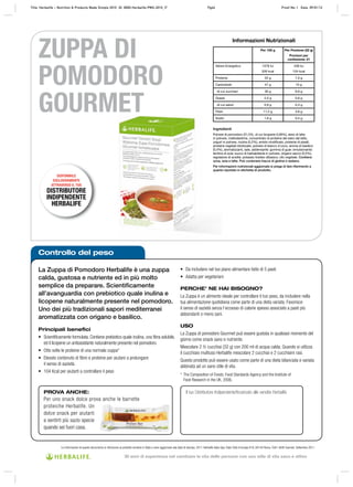 Informazioni Nutrizionali
Per 100 g Per Porzione (32 g)
Porzioni per
confezione: 21
Valore Energetico 1378 kJ
326 kcal
438 kJ
104 kcal
Proteine 22 g 7,0 g
Carboidrati 47 g 15 g
di cui zuccheri 30 g 9,6 g
Grassi 2,0 g 0,6 g
di cui saturi 0,9 g 0,3 g
Fibre 11,2 g 3,6 g
Sodio 1,6 g 0,5 g
Ingredienti
Polvere di pomodoro (31,5%, di cui licopene 0,06%), siero di latte
in polvere, maltodestrine, concentrato di proteine del siero del latte,
yogurt in polvere, inulina (5,2%), amido modificato, proteine di piselli,
proteine vegetali idrolizzate, polvere di bianco d’uovo, aroma di basilico
(0,4%), aromatizzanti, sale, addensante: gomma di guar; emulsionante:
lecitina di soia; succo di barbabietola in polvere, origano secco (0,5%),
regolatore di acidità: potassio fosfato dibasico; olio vegetale. Contiene
uova, soia e latte. Può contenere tracce di glutine e sedano.
Per informazioni nutrizionali aggiornate si prega di fare riferimento a
quanto riportato in etichetta di prodotto.
ZUPPA DI
POMODORO
GOURMET
Controllo del peso
La Zuppa di Pomodoro Herbalife è una zuppa
calda, gustosa e nutriente ed in più molto
semplice da preparare. Scientiﬁcamente
all’avanguardia con prebiotico quale inulina e
licopene naturalmente presente nel pomodoro.
Uno dei più tradizionali sapori mediterranei
aromatizzata con origano e basilico.
Principali benefici
• Scientiﬁcamente formulata. Contiene prebiotico quale inulina, una ﬁbra solubile,
ed il licopene un antiossidante naturalmente presente nel pomodoro.
• Otto volte le proteine di una normale zuppa*
• Elevato contenuto di ﬁbre e proteine per aiutare a prolungare
il senso di sazietà.
• 104 Kcal per aiutarti a controllare il peso
• Da includere nel tuo piano alimentare fatto di 5 pasti
• Adatta per vegetariani
PERCHE’ NE HAI BISOGNO?
La Zuppa è un alimento ideale per controllare il tuo peso, da includere nella
tua alimentazione quotidiana come parte di una dieta variata. Favorisce
il senso di sazietà senza l’eccesso di calorie spesso associato a pasti più
abbondanti o meno sani.
USO
La Zuppa di pomodoro Gourmet può essere gustata in qualsiasi momento del
giorno come snack sano e nutriente.
Mescolare 2 ½ cucchiai (32 g) con 200 ml di acqua calda. Quando si utilizza
il cucchiaio multiuso Herbalife mescolare 2 cucchiai e 2 cucchiaini rasi.
Questo prodotto può essere usato come parte di una dieta bilanciata e variata
abbinata ad un sano stile di vita.
* The Composition of Foods; Food Standards Agency and the Institute of
Food Research in the UK, 2006.
Il tuo Distributore Indipendente/Incaricato alle vendite HerbalifePROVA ANCHE:
Per uno snack dolce prova anche le barrette
proteiche Herbalife. Un
dolce snack per aiutarti
a sentirti più sazio specie
quando sei fuori casa.
Le informazioni di questo documento si riferiscono al prodotto venduto in Italia e sono aggiornate alla data di stampa. 2011 Herbalife Italia Spa, Viale Città d’europa 819, 00144 Roma. Tutti i diritti riservati. Settembre 2011
DISPONIBILE
ESCLUSIVAMENTE
ATTRAVERSO IL TUO
DISTRIBUTORE
INDIPENDENTE
HERBALIFE
Title: MA 533-Gourmet Tomato Soup Factsheet ID: MA 533-Tomato Soup Factsheet_IT Proof No: D Date: 02/12/10Title: Herbalife – Nutrition & Products Made Simple 2010 ID: 0000-Herbalife-PMS-2010_IT Pg44 Proof No: I Date: 09/01/12
30 anni di esperienza nel cambiare la vita delle persone con uno stile di vita sano e attivo
 