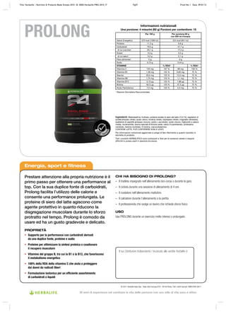 TEST
ATO
VIE
TATE
SOS
TANZE
PROLONG
Energia, sport e fitness
Prestare attenzione alla propria nutrizione è il
primo passo per ottenere una performance al
top. Con la sua duplice fonte di carboidrati,
Prolong facilita l’utilizzo delle calorie e
consente una performance prolungata. Le
proteine di siero del latte agiscono come
agente protettivo in quanto riducono la
disgregazione muscolare durante lo sforzo
protratto nel tempo. Prolong è comodo da
usare ed ha un gusto gradevole e delicato.
PROPRIETÀ
• Supporto per la performance con carboidrati derivati
da una duplice fonte, proteine e sodio
• Proteine per ottimizzare la sintesi proteica e coadiuvare
il recupero muscolare
• Vitamine del gruppo B, tra cui la B1 e la B12, che favoriscono
il metabolismo energetico
• 100% della RDA della vitamina C che aiuta a proteggere
dai danni da radicali liberi
• Formulazione isotonica per un efficiente assorbimento
di carboidrati e liquidi
CHI HA BISOGNO DI PROLONG?
– Il triatleta impegnato nell’allenamento bici‑corsa o durante la gara
– Il ciclista durante una sessione di allenamento di 4 ore
– Il nuotatore nell’allenamento mattutino
– Il calciatore durante l’allenamento o la partita
– Il professionista che svolge un lavoro che richiede sforzo fisico
USO
Usa PROLONG durante un esercizio molto intenso o prolungato.
Il tuo Distributore Indipendente / Incaricato alle vendite Herbalife è:
© 2011 Herbalife Italia Spa - Viale città d’europa 819 - 00144 Roma. Tutti i diritti riservati. EMEA7840 08/11
Ingredienti: Maltodestrine, fruttosio, proteine isolate di siero del latte (12,5 %), regolatori di
acidità (trisodio citrato, acido citrico, tricalcio citrato, tripotassio citrato, magnesio idrossido),
esaltatore di sapidità (potassio cloruro), sodio L-ascorbato, sodio cloruro, trigliceridi a catena
media, nicotinamide, aroma naturale di limone verde, calcio D-pantotenato, piridossina
cloridrato, tiamina cloridrato, D-biotina, cianocobalamina.
CONTIENE LATTE. PUÒ CONTENERE SOIA E UOVO.
Per informazioni nutrizionali aggiornate si prega di fare riferimento a quanto riportato in
etichetta di prodotto.
Tutti i prodotti HERBALIFE24 sono sottoposti a Test per le sostanze vietate o dopanti
affinché tu possa usarli in assoluta sicurezza.
Informazioni nutrizionali
Una porzione: 4 misurini (60 g) Porzioni per contenitore: 15
Per 100 g Per porzione 60 g
con 500 ml d’acqua
Valore Energetico 375 kcal (1595 kJ) 224 kcal (951 kJ)
Proteine 11,3 g 6,8 g
Carboidrati 79,5 g 47,7 g
di cui zuccheri 29,1 g 17,5 g
Grassi 0,3 g 0,2 g
di cui saturi 0,2 g 0,1 g
Fibre alimentari 0 g 0 g
Sodio 0,73 g 0,44 g
VITAMINE % RDA* % RDA*
Vitamina C 134 mg 167 % 80 mg 100 %
Vitamina B1 1,38 mg 125 % 0,83 mg 75 %
Niacina 20,0 mg 125 % 12,0 mg 75 %
Vitamina B6 1,75 mg 125 % 1,1 mg 75 %
Vitamina B12 3,13 μg 125 % 1,88 μg 75 %
Biotina 62,5 μg 125 % 37,5 μg 75 %
Acido Pantotenico 7,5 mg 125 % 4,5 mg 75 %
* Razione Giornaliera Raccomandata
Title: Herbalife – Nutrition & Products Made Simple 2010 ID: 0000-Herbalife-PMS-2010_IT Pg57 Proof No: I Date: 09/01/12
30 anni di esperienza nel cambiare la vita delle persone con uno stile di vita sano e attivo
 
