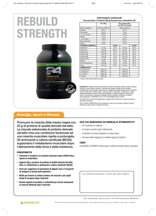 TEST
ATO
VIE
TATE
SOS
TANZE
REBUILD
STRENGTH
Energia, sport e fitness
Promuove la crescita della massa magra con
25 g di proteine di qualità derivate dal latte.
La miscela selezionata di proteine derivate
dal latte crea una condizione favorevole ad
una crescita muscolare rapida e prolungata.
Gli aminoacidi a catena ramiﬁcata (BCAA)
supportano il metabolismo muscolare dopo
l’allenamento della forza e della resistenza.
PROPRIETÀ
• Favorisce il recupero e la crescita muscolare dopo attività fisica,
specie se anaerobica
• Apporta 25g a porzione di proteine di qualità derivate dal latte,
oltre a L-Glutammina e aminoacidi a catena ramificata (BCAA)
• Ferro per supportare la formazione di globuli rossi e il trasporto
di ossigeno ai tessuti dell’organismo
• BCAA per favorire la sintesi proteica nei muscoli e più rapidi
tempi di recupero dopo l’esercizio
• Elevato apporto di proteine e carboidrati per fornire aminoacidi
ai muscoli affaticati dopo l’esercizio
CHI HA BISOGNO DI REBUILD STRENGTH?
– Chi fa pesistica in palestra
– Chi pratica CrossFit, dopo l’allenamento
– Il calciatore che deve sviluppare la massa magra
– Chiunque abbia bisogno di un elevato apporto di proteine
USO
Usa REBUILD STRENGTH subito dopo un’attività ad elevato sforzo muscolare.
Il tuo Distributore Indipendente / Incaricato alle vendite Herbalife è:
© 2011 Herbalife Italia Spa - Viale città d’europa 819 - 00144 Roma. Tutti i diritti riservati. EMEA7840 08/11
Ingredienti: Proteine del latte concentrate, proteine concentrate di siero del latte, fruttosio,
zucchero, cacao magro in polvere, L-glutammina, proteine isolate di siero del latte,
maltodestrine, aroma naturale, sodio cloruro, regolatore di acidità (trisodio citrato), caseinato
di calcio, trigliceridi a catena media, L-leucina, sodio L-ascorbato, L-isoleucina, L-valina,
addensante (gomma di guar), ferrico (III) pirofosfato, DL-alpha tocoferolo, nicotinamide,
calcio D-pantotenato, piridossina cloridrato, tiamina cloridrato, riboflavina, D-biotina,
cianocobalamina. CONTIENE LATTE. PUÒ CONTENERE SOIA E UOVO.
Per informazioni nutrizionali aggiornate si prega di fare riferimento a quanto riportato in
etichetta di prodotto.
Tutti i prodotti HERBALIFE24 sono sottoposti a Test per le sostanze vietate o dopanti
affinché tu possa usarli in assoluta sicurezza.
Informazioni nutrizionali
Una porzione: 5 misurini (50 g) Porzioni per contenitore: 20
Per 100 g Per porzione 50 g
con 250 ml d’acqua
Valore Energetico 376 kcal (1600 kJ) 188 kcal (800 kJ)
Proteine 50,8 g 25,4 g
Carboidrati 36,2 g 17,6 g
di cui zuccheri 33,6 g 16,8 g
Grassi 3,0 g 1,5 g
di cui saturi 1,62 g 0,81 g
Fibre alimentari 1,5 g 0,75 g
Sodio 0,46 g 0,23 g
VITAMINE E MINERALI % RDA* % RDA*
Vitamina E 9,1 mg 76 % 4,6 mg 38 %
Vitamina C 160 mg 200 % 80 mg 100 %
Vitamina B1 0,84 mg 76 % 0,42 mg 38 %
Vitamina B2 1,06 mg 76 % 0,53 mg 38 %
Vitamina B6 1,06 mg 76 % 0,53 mg 38 %
Vitamina B12 1,9 μg 76 % 0,95 μg 38 %
Biotina 38 μg 76 % 19 μg 38 %
Acido Pantotenico 4,56 mg 76 % 2,3 mg 38 %
Ferro 12,6 mg 90 % 6,3 mg 45 %
AMMINOACIDI
L-Glutammina 3400 mg 1700 mg
L-Isoleucina 3000 mg 1500 mg
L-Leucina 2600 mg 1300 mg
L-Valina 3000 mg 1500 mg
* Razione Giornaliera Raccomandata
Title: Herbalife – Nutrition & Products Made Simple 2010 ID: 0000-Herbalife-PMS-2010_IT Pg59 Proof No: I Date: 09/01/12
30 anni di esperienza nel cambiare la vita delle persone con uno stile di vita sano e attivo
 