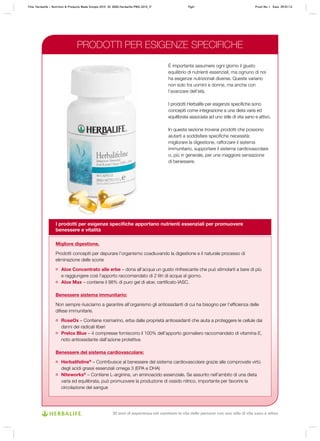 È importante assumere ogni giorno il giusto
equilibrio di nutrienti essenziali, ma ognuno di noi
ha esigenze nutrizionali diverse. Queste variano
non solo tra uomini e donne, ma anche con
l’avanzare dell’età.
I prodotti Herbalife per esigenze specifiche sono
concepiti come integrazione a una dieta varia ed
equilibrata associata ad uno stile di vita sano e attivo.
In questa sezione troverai prodotti che possono
aiutarti a soddisfare specifiche necessità:
migliorare la digestione, rafforzare il sistema
immunitario, supportare il sistema cardiovascolare
o, più in generale, per una maggiore sensazione
di benessere.
Migliore digestione.
Prodotti concepiti per depurare l’organismo coadiuvando la digestione e il naturale processo di
eliminazione delle scorie
Aloe Concentrato alle erbe – dona all’acqua un gusto rinfrescante che può stimolarti a bere di più
e raggiungere così l’apporto raccomandato di 2 litri di acqua al giorno.
Aloe Max – contiene il 98% di puro gel di aloe; certificato IASC.
Benessere sistema immunitario:
Non sempre riusciamo a garantire all’organismo gli antiossidanti di cui ha bisogno per l’efficienza delle
difese immunitarie.
RoseOx – Contiene rosmarino, erba dalle proprietà antiossidanti che aiuta a proteggere le cellule dai
danni dei radicali liberi
Prelox Blue – 4 compresse forniscono il 100% dell’apporto giornaliero raccomandato di vitamina E,
noto antiossidante dall’azione protettiva
Benessere del sistema cardiovascolare:
Herbalifeline®
– Contribuisce al benessere del sistema cardiovascolare grazie alle comprovate virtù
degli acidi grassi essenziali omega 3 (EPA e DHA)
Niteworks®
– Contiene L-arginina, un aminoacido essenziale. Se assunto nell’ambito di una dieta
varia ed equilibrata, può promuovere la produzione di ossido nitrico, importante per favorire la
circolazione del sangue
I prodotti per esigenze specifiche apportano nutrienti essenziali per promuovere
benessere e vitalità
PRODOTTI PER ESIGENZE SPECIFICHE
Title: Herbalife – Nutrition & Products Made Simple 2010 ID: 0000-Herbalife-PMS-2010_IT Pg61 Proof No: I Date: 09/01/12
30 anni di esperienza nel cambiare la vita delle persone con uno stile di vita sano e attivo
 