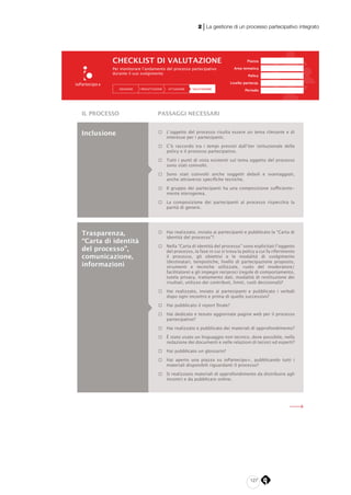 127
2 | La gestione di un processo partecipativo integrato
Piazza
Area tematica
Policy
Livello partecip.
PeriodoIDEAZIONE PROGETTAZIONE ATTUAZIONE VALUTAZIONE
CHECKLIST DI VALUTAZIONE
Per monitorare l’andamento del processo partecipativo
durante il suo svolgimento
IL PROCESSO PASSAGGI NECESSARI
□ L’oggetto del processo risulta essere un tema rilevante e di
interesse per i partecipanti.
□ C’è raccordo tra i tempi previsti dall’iter istituzionale della
policy e il processo partecipativo.
□ Tutti i punti di vista esistenti sul tema oggetto del processo
sono stati coinvolti.
□ Sono stati coinvolti anche soggetti deboli e svantaggiati,
anche attraverso specifiche tecniche.
□ Il gruppo dei partecipanti ha una composizione sufficiente-
mente eterogenea.
□ La composizione dei partecipanti al processo rispecchia la
parità di genere.
□ Hai realizzato, inviato ai partecipanti e pubblicato la “Carta di
identità del processo”?
□ Nella “Carta di identità del processo” sono esplicitati l’oggetto
del processo, la fase in cui si trova la policy a cui fa riferimento
il processo, gli obiettivi e le modalità di svolgimento
(destinatari, tempistiche, livello di partecipazione proposto,
strumenti e tecniche utilizzate, ruolo del moderatore/
facilitatore) e gli impegni reciproci (regole di comportamento,
tutela privacy, trattamento dati, modalità di restituzione dei
risultati, utilizzo dei contributi, limiti, ruoli decisionali)?
□ Hai realizzato, inviato ai partecipanti e pubblicato i verbali
dopo ogni incontro e prima di quello successivo?
□ Hai pubblicato il report finale?
□ Hai dedicato e tenuto aggiornate pagine web per il processo
partecipativo?
□ Hai realizzato e pubblicato dei materiali di approfondimento?
□ È stato usato un linguaggio non tecnico, dove possibile, nella
redazione dei documenti e nelle relazioni di tecnici ed esperti?
□ Hai pubblicato un glossario?
□ Hai aperto una piazza su ioPartecipo+, pubblicando tutti i
materiali disponibili riguardanti il processo?
□ Si realizzano materiali di approfondimento da distribuire agli
incontri e da pubblicare online.
Inclusione
Trasparenza,
“Carta di identità
del processo”,
comunicazione,
informazioni
 