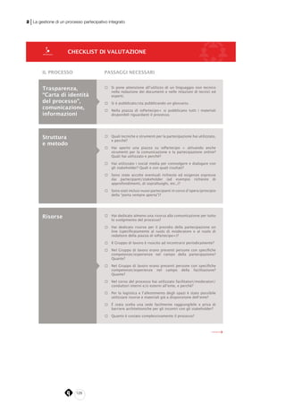 128
2 | La gestione di un processo partecipativo integrato
□ Hai dedicato almeno una risorsa alla comunicazione per tutto
lo svolgimento del processo?
□ Hai dedicato risorse per il presidio della partecipazione on
line (specificatamente al ruolo di moderatore e al ruolo di
redattore della piazza di ioPartecipo+)?
□ Il Gruppo di lavoro è riuscito ad incontrarsi periodicamente?
□ Nel Gruppo di lavoro erano presenti persone con specifiche
competenze/esperienze nel campo della partecipazione?
Quante?
□ Nel Gruppo di lavoro erano presenti persone con specifiche
competenze/esperienze nel campo della facilitazione?
Quante?
□ Nel corso del processo hai utilizzato facilitatori/moderatori/
conduttori interni e/o esterni all’ente, e perché?
□ Per la logistica e l’allestimento degli spazi è stato possibile
utilizzare risorse e materiali già a disposizione dell’ente?
□ È stata scelta una sede facilmente raggiungibile e priva di
barriere architettoniche per gli incontri con gli stakeholder?
□ Quanto è costato complessivamente il processo?
Risorse
CHECKLIST DI VALUTAZIONE
IL PROCESSO PASSAGGI NECESSARI
□ Si pone attenzione all’utilizzo di un linguaggio non tecnico
nella redazione dei documenti e nelle relazioni di tecnici ed
esperti.
□ Si è pubblicato/sta pubblicando un glossario.
□ Nella piazza di ioPartecipo+ si pubblicano tutti i materiali
disponibili riguardanti il processo.
□ Quali tecniche e strumenti per la partecipazione hai utilizzato,
e perché?
□ Hai aperto una piazza su ioPartecipo + attivando anche
strumenti per la comunicazione e la partecipazione online?
Quali hai utilizzato e perché?
□ Hai utilizzato i social media per coinvolgere e dialogare con
gli stakeholder? Quali e con quali risultati?
□ Sono state accolte eventuali richieste ed esigenze espresse
dai partecipanti/stakeholder (ad esempio richieste di
approfondimenti, di sopralluoghi, etc..)?
□ Sono stati inclusi nuovi partecipanti in corso d’opera (principio
della “porta sempre aperta”)?
Trasparenza,
“Carta di identità
del processo”,
comunicazione,
informazioni
Struttura
e metodo
 