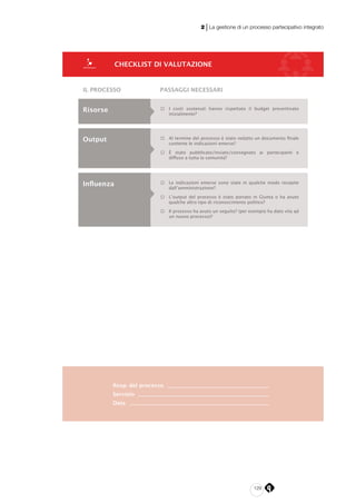 129
2 | La gestione di un processo partecipativo integrato
Resp. del processo
Servizio
Data
IL PROCESSO PASSAGGI NECESSARI
□ I costi sostenuti hanno rispettato il budget preventivato
inizialmente?
Risorse
CHECKLIST DI VALUTAZIONE
□ Al termine del processo è stato redatto un documento finale
contente le indicazioni emerse?
□ È stato pubblicato/inviato/consegnato ai partecipanti e
diffuso a tutta la comunità?
□ Le indicazioni emerse sono state in qualche modo recepite
dall’amministrazione?
□ L’output del processo è stato portato in Giunta o ha avuto
qualche altro tipo di riconoscimento politico?
□ Il processo ha avuto un seguito? (per esempio ha dato vita ad
un nuovo processo)?
Output
Influenza
 