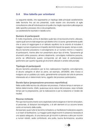 181
3 | Strumenti e tecniche per la partecipazione
3.4 	 Una tabella per orientarsi
La seguente tabella, che rappresenta un riepilogo delle principali caratteristiche
delle tecniche fino ad ora presentati, vuole essere uno strumento di agile
consultazione utile all’individuazione di quelle che meglio rispondono alle esigenze
dello specifico processo che si sta progettando.
Le caratteristiche riportate in tabella sono:
Numero di partecipanti
È molto importante, prima di decidere quale tipo di tecnica/strumento utilizzare,
capire quali sono le reali esigenze e gli obiettivi che ci si pone: generalmente quello
che si cerca di raggiungere è un delicato equilibrio tra la volontà di includere il
maggior numero di persone e il rispetto dei limiti imposti da spazio, tempo e costi.
Alcune tecniche prevedono il coinvolgimento di un numero minimo e massimo
di partecipanti, mentre altre non presentano alcun tipo di limite. Tipicamente gli
strumenti online possono, almeno idealmente, coinvolgere moltissime persone,
anche se difficilmente questo corrisponde ad alti tassi di partecipazione
(perlomeno per quanto riguarda gli strumenti utilizzati in ambito istituzionale).
Tipologia di partecipanti
Alcune tecniche prevedono per la loro realizzazione l’esplicito coinvolgimento
di alcune categorie di attori (si pensi, ad esempio, all’EASW); altre invece si
rivolgono ad un pubblico più vasto, generalmente composto da tutte le persone
interessate ad un determinato tema, oggetto del processo partecipativo.
Durata tipica (preparazione-processo-reportistica)
Nella scelta della tecnica da utilizzare nel processo, il fattore tempo è sempre un
fattore determinante. Infatti, qualunque sia la natura del processo, esso richiede
tempo per la preparazione, per la realizzazione e per la redazione e l’analisi dei
risultati.
Risorse richieste
Per ogni tecnica/strumento sono esplicitate tutte le esigenze in termini di location,
di personale, di dotazioni tecnologiche, o di altri elementi di cui occorre tenere
conto al momento della scelta.
Ad esempio quasi tutte le tecniche richiedono un facilitatore/moderatore esperto
o un team di facilitazione. La maggior parte degli incontri in presenza necessita di
uno spazio adeguato, di una stanza per gli incontri in plenaria e altre per incontri
a numeri ristretti, sedie confortevoli, aria pulita, buona illuminazione, acustica
 