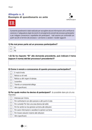 256
Allegati
Allegato n. 2
Esempio di questionario ex ante
Il presente questionario è stato realizzato per raccogliere alcune informazioni utili a verificare la
coerenza e l’adeguatezza degli strumenti di coinvolgimento previsti dal processo partecipativo
e per indagare conoscenze e aspettative dei partecipanti. I dati saranno poi confrontati con
quelli raccolti al termine del processo e serviranno a valutare i risultati raggiunti.
1) Ha mai preso parte ad un processo partecipativo?
Sì
No
1.2) Se ha risposto “Sì” alla domanda precedente, può indicare il tema
(oppure il nome) del/dei processo/i precedente/i?
……………………………………………………..…………………………………
2) Come è venuto a conoscenza di questo processo partecipativo?
E-mail di invito
Notizia su siti web
Notizia su altri organi di stampa
Locandina
Tramite un conoscente/collega
Altro (specificare)………………………………………………………………
3) Per quale motivo ha deciso di partecipare? (è possibile dare più di una
risposta)
Interesse per il tema
Per confrontarmi con altre persone e altri punti di vista
Per curiosità/ Per fare una cosa diversa dal solito
Per far sentire la mia opinione sul tema alle istituzioni
Per avere informazioni e ascoltare le opinioni sul tema
Per trovare soluzioni insieme alle istituzioni
Altro (specificare)………………………………………………………………
 