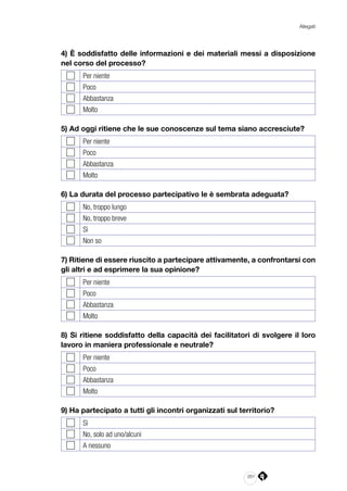 261
Allegati
4) È soddisfatto delle informazioni e dei materiali messi a disposizione
nel corso del processo?
Per niente
Poco
Abbastanza
Molto
5) Ad oggi ritiene che le sue conoscenze sul tema siano accresciute?
Per niente
Poco
Abbastanza
Molto
6) La durata del processo partecipativo le è sembrata adeguata?
No, troppo lungo
No, troppo breve
Sì
Non so
7) Ritiene di essere riuscito a partecipare attivamente, a confrontarsi con
gli altri e ad esprimere la sua opinione?
Per niente
Poco
Abbastanza
Molto
8) Si ritiene soddisfatto della capacità dei facilitatori di svolgere il loro
lavoro in maniera professionale e neutrale?
Per niente
Poco
Abbastanza
Molto
9) Ha partecipato a tutti gli incontri organizzati sul territorio?
Sì
No, solo ad uno/alcuni
A nessuno
 