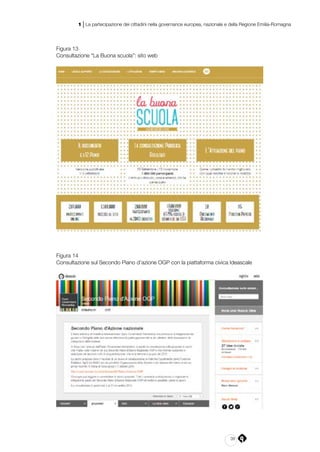 39
1 | La partecipazione dei cittadini nella governance europea, nazionale e della Regione Emilia-Romagna
Figura 13
Consultazione “La Buona scuola”: sito web
Figura 14
Consultazione sul Secondo Piano d’azione OGP con la piattaforma civica Ideascale
 