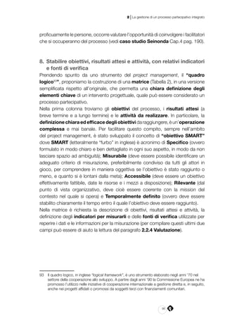 95
2 | La gestione di un processo partecipativo integrato
proficuamente le persone, occorre valutare l’opportunità di coinvolgere i facilitatori
che si occuperanno del processo (vedi caso studio Seinonda Cap.4 pag. 190).
8. 	Stabilire obiettivi, risultati attesi e attività, con relativi indicatori
e fonti di verifica
Prendendo spunto da uno strumento del project management, il “quadro
logico93
”, proponiamo la costruzione di una matrice (Tabella 2), in una versione
semplificata rispetto all’originale, che permetta una chiara definizione degli
elementi chiave di un intervento progettuale, quale può essere considerato un
processo partecipativo.
Nella prima colonna troviamo gli obiettivi del processo, i risultati attesi (a
breve termine e a lungo termine) e le attività da realizzare. In particolare, la
definizione chiara ed efficace degli obiettivi da raggiungere, è un’operazione
complessa e mai banale. Per facilitare questo compito, sempre nell’ambito
del project management, è stato sviluppato il concetto di “obiettivo SMART”
dove SMART (letteralmente “furbo” in inglese) è acronimo di Specifico (ovvero
formulato in modo chiaro e ben dettagliato in ogni suo aspetto, in modo da non
lasciare spazio ad ambiguità); Misurabile (deve essere possibile identificare un
adeguato criterio di misurazione, preferibilmente condiviso da tutti gli attori in
gioco, per comprendere in maniera oggettiva se l’obiettivo è stato raggiunto o
meno, e quanto si è lontani dalla meta); Accessibile (deve essere un obiettivo
effettivamente fattibile, date le risorse e i mezzi a disposizione); Rilevante (dal
punto di vista organizzativo, deve cioè essere coerente con la mission del
contesto nel quale si opera) e Temporalmente definito (ovvero deve essere
stabilito chiaramente il tempo entro il quale l’obiettivo deve essere raggiunto).
Nella matrice è richiesta la descrizione di obiettivi, risultati attesi e attività, la
definizione degli indicatori per misurarli e delle fonti di verifica utilizzate per
reperire i dati e le informazioni per la misurazione (per compilare questi ultimi due
campi può essere di aiuto la lettura del paragrafo 2.2.4 Valutazione).
93	 Il quadro logico, in inglese “logical framework”, è uno strumento elaborato negli anni ’70 nel
settore della cooperazione allo sviluppo. A partire dagli anni ’90 la Commissione Europea ne ha
promosso l’utilizzo nelle iniziative di cooperazione internazionale a gestione diretta e, in seguito,
anche nei progetti affidati o promossi da soggetti terzi con finanziamenti comunitari.
 