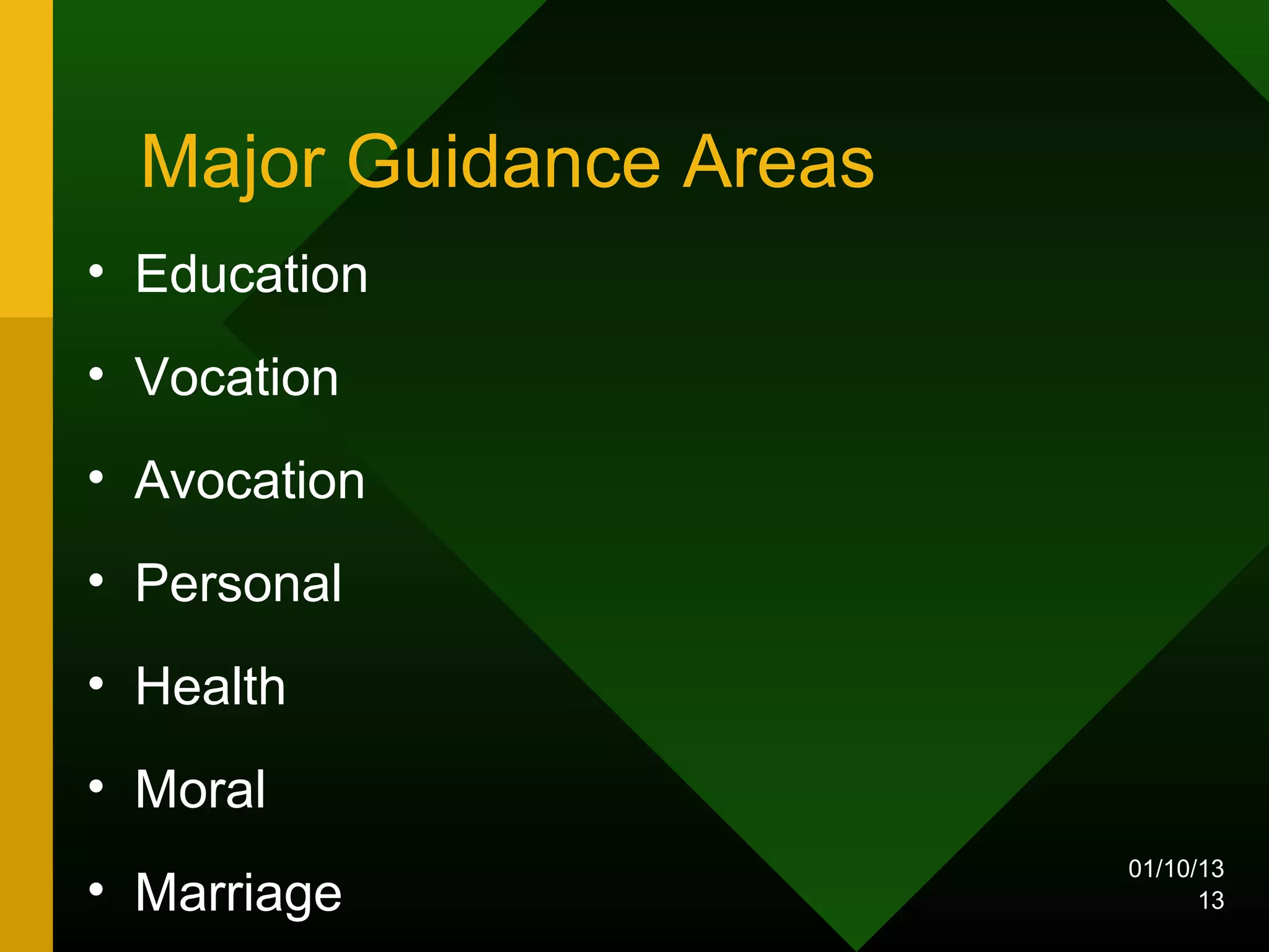 Major Guidance Areas
• Education
• Vocation
• Avocation
• Personal
• Health
• Moral
                         01/10/13
• Marriage                     13
 