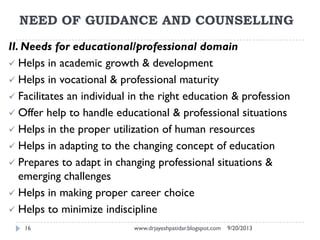 NEED OF GUIDANCE AND COUNSELLING
9/20/2013www.drjayeshpatidar.blogspot.com16
II. Needs for educational/professional domain...