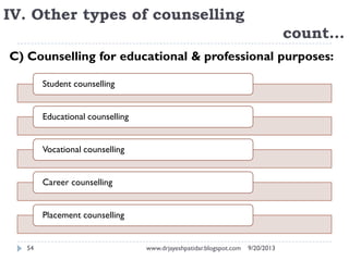 9/20/2013www.drjayeshpatidar.blogspot.com54
IV. Other types of counselling
count…
C) Counselling for educational & profess...
