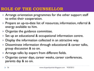 ROLE OF THE COUNSELLOR
9/20/2013www.drjayeshpatidar.blogspot.com56
 Arrange orientation programmes for the other support ...