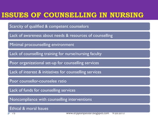 ISSUES OF COUNSELLING IN NURSING
9/20/2013www.drjayeshpatidar.blogspot.com75
Scarcity of qualified & competent counselors
...