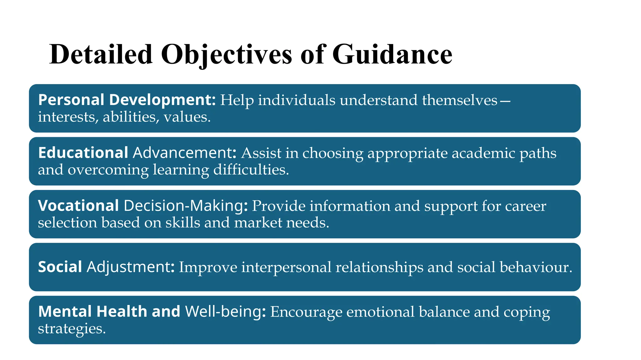 Detailed Objectives of Guidance
Personal Development: Help individuals understand themselves—
interests, abilities, values.
Educational Advancement: Assist in choosing appropriate academic paths
and overcoming learning difficulties.
Vocational Decision-Making: Provide information and support for career
selection based on skills and market needs.
Social Adjustment: Improve interpersonal relationships and social behaviour.
Mental Health and Well-being: Encourage emotional balance and coping
strategies.
 