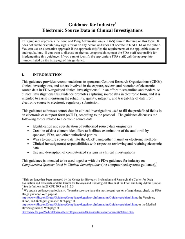 Guidance for Industry Electronic Source Data in Clinical Investigations ...