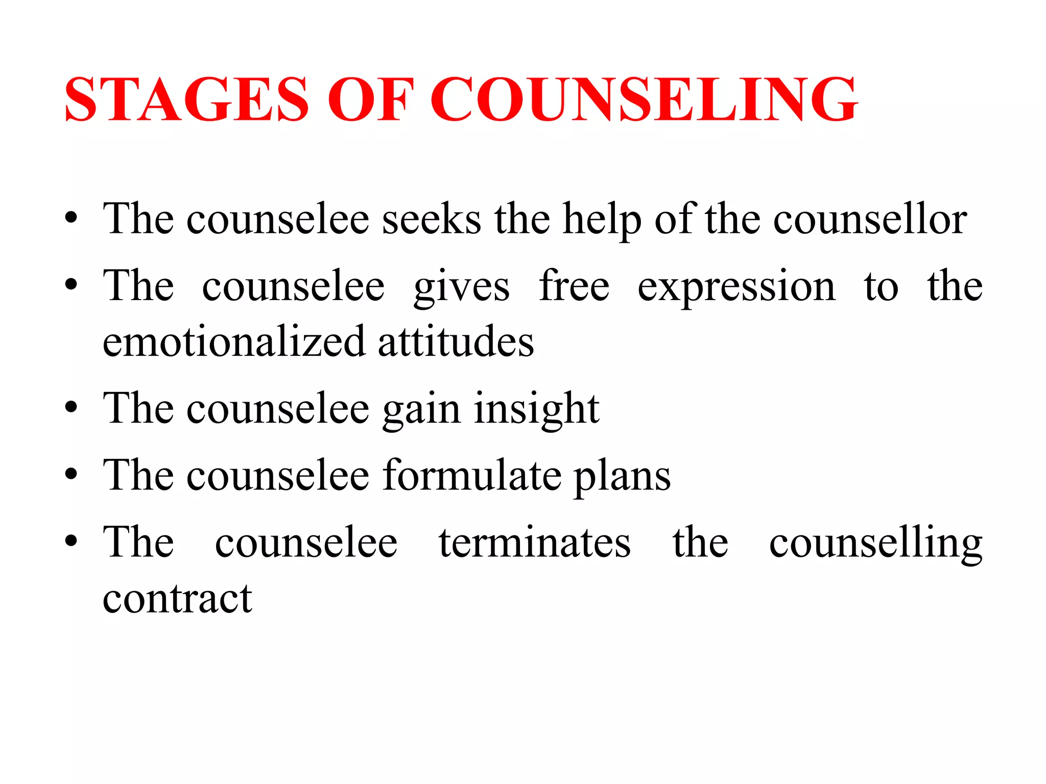 STAGES OF COUNSELING
• The counselee seeks the help of the counsellor
• The counselee gives free expression to the
emotionalized attitudes
• The counselee gain insight
• The counselee formulate plans
• The counselee terminates the counselling
contract
 