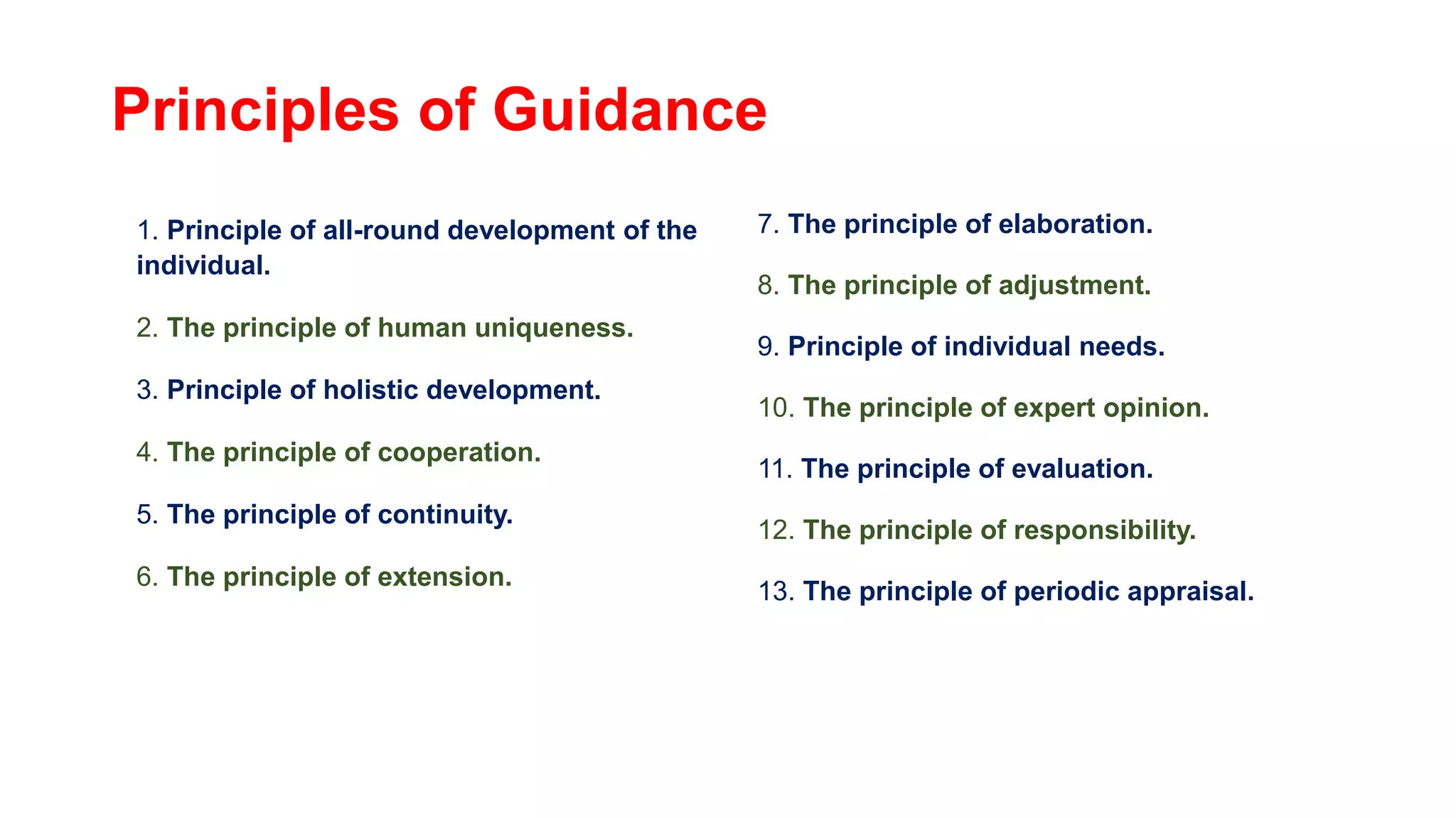 Principles of Guidance
1. Principle of all-round development of the
individual.
2. The principle of human uniqueness.
3. Principle of holistic development.
4. The principle of cooperation.
5. The principle of continuity.
6. The principle of extension.
7. The principle of elaboration.
8. The principle of adjustment.
9. Principle of individual needs.
10. The principle of expert opinion.
11. The principle of evaluation.
12. The principle of responsibility.
13. The principle of periodic appraisal.
 