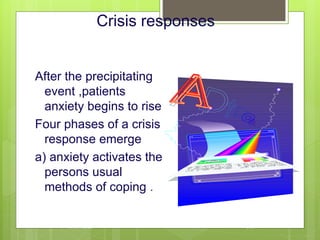 Crisis responses
After the precipitating
event ,patients
anxiety begins to rise
Four phases of a crisis
response emerge
a) anxiety activates the
persons usual
methods of coping .
10/19/2023 108
 