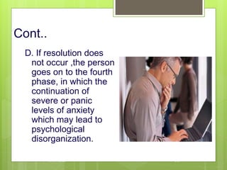 Cont..
D. If resolution does
not occur ,the person
goes on to the fourth
phase, in which the
continuation of
severe or panic
levels of anxiety
which may lead to
psychological
disorganization.
10/19/2023 110
 