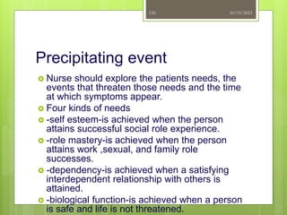 Precipitating event
 Nurse should explore the patients needs, the
events that threaten those needs and the time
at which symptoms appear.
 Four kinds of needs
 -self esteem-is achieved when the person
attains successful social role experience.
 -role mastery-is achieved when the person
attains work ,sexual, and family role
successes.
 -dependency-is achieved when a satisfying
interdependent relationship with others is
attained.
 -biological function-is achieved when a person
is safe and life is not threatened.
10/19/2023
126
 
