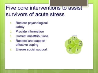 Five core interventions to assist
survivors of acute stress
1. Restore psychological
safety
2. Provide information
3. Correct misattributions
4. Restore and support
effective coping
5. Ensure social support
10/19/2023 137
!
2
3
4
5
 