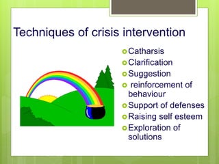 Techniques of crisis intervention
Catharsis
Clarification
Suggestion
 reinforcement of
behaviour
Support of defenses
Raising self esteem
Exploration of
solutions
10/19/2023 138
 