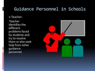 Guidance Personnel in Schools
 Teacher:
Teacher
identifies the
different
problems faced
by students and
try to resolve
th...