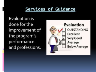 Services of Guidance
Evaluation is
done for the
improvement of
the program’s
performance
and professions.
 