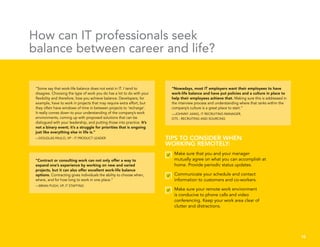 “Some say that work-life balance does not exist in IT. I tend to
disagree. Choosing the type of work you do has a lot to do with your
flexibility and therefore, how you achieve balance. Developers, for
example, have to work in projects that may require extra effort, but
they often have windows of time in between projects to ‘recharge’.
It really comes down to your understanding of the company’s work
environments, coming up with proposed solutions that can be
dialogued with your leadership, and putting those into practice. It’s
not a binary event; it’s a struggle for priorities that is ongoing
just like everything else in life is.”
—DOUGLAS PAULO, VP - IT PRODUCT LEADER
“Nowadays, most IT employers want their employees to have
work-life balance and have put policies and a culture in place to
help their employees achieve that. Making sure this is addressed in
the interview process and understanding where that ranks within the
company’s culture is a great place to start.”
—JOHNNY JIANG, IT RECRUITING MANAGER,
GTS - RECRUITING AND SOURCING
“Contract or consulting work can not only offer a way to
expand one’s experience by working on new and varied
projects, but it can also offer excellent work-life balance
options. Contracting gives individuals the ability to choose when,
where, and for how long to work in one place.”
—BRIAN PUGH, VP, IT STAFFING
How can IT professionals seek
balance between career and life?
10
TIPS TO CONSIDER WHEN
WORKING REMOTELY:
Make sure that you and your manager
mutually agree on what you can accomplish at
home. Provide periodic status updates.
Communicate your schedule and contact
information to customers and co-workers.
Make sure your remote work environment
is conducive to phone calls and video
conferencing. Keep your work area clear of
clutter and distractions.
 