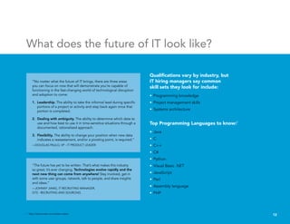 “No matter what the future of IT brings, there are three areas
you can focus on now that will demonstrate you’re capable of
functioning in the fast-changing world of technological disruption
and adoption to come.
1.	Leadership. The ability to take the informal lead during specific
portions of a project or activity and step back again once that
portion is completed.
2.	 Dealing with ambiguity. The ability to determine which data to
use and how best to use it in time-sensitive situations through a
documented, rationalized approach.
3.	Flexibility. The ability to change your position when new data
indicates a reassessment, and/or a pivoting point, is required.”
—DOUGLAS PAULO, VP - IT PRODUCT LEADER
What does the future of IT look like?
“The future has yet to be written. That’s what makes this industry
so great, it’s ever changing. Technologies evolve rapidly and the
next new thing can come from anywhere! Stay involved, get in
with some user groups, network, talk to people, and share insights
and ideas.”
—JOHNNY JIANG, IT RECRUITING MANAGER,
GTS - RECRUITING AND SOURCING
12
Qualifications vary by industry, but
IT hiring managers say common
skill sets they look for include:
•	Programming knowledge
•	Project management skills
•	Systems architecture
2
http://www.tiobe.com/tiobe-index/
Top Programming Languages to know:2
•	Java
•	C
•	C++
•	C#
•	Python
•	Visual Basic .NET
•	JavaScript
•	Perl
•	Assembly language
•	PHP
 