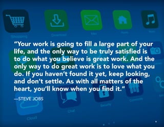 “Your work is going to fill a large part of your
life, and the only way to be truly satisfied is
to do what you believe is great work. And the
only way to do great work is to love what you
do. If you haven’t found it yet, keep looking,
and don’t settle. As with all matters of the
heart, you’ll know when you find it.”
—STEVE JOBS
9
 