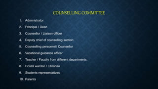 COUNSELLING COMMITTEE
1. Administrator
2. Principal / Dean
3. Counsellor / Liaison officer
4. Deputy chief of counselling section
5. Counselling personnel/ Counsellor
6. Vocational guidance officer
7. Teacher / Faculty from different departments.
8. Hostel warden / Librarian
9. Students representatives
10. Parents
 