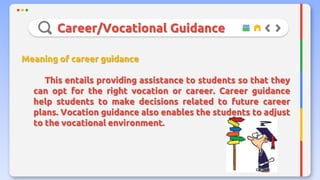 Career/Vocational Guidance
Meaning of career guidance
This entails providing assistance to students so that they
can opt for the right vocation or career. Career guidance
help students to make decisions related to future career
plans. Vocation guidance also enables the students to adjust
to the vocational environment.
 