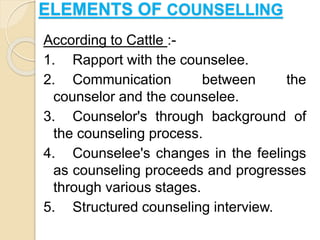 ELEMENTS OF COUNSELLING
According to Cattle :-
1. Rapport with the counselee.
2. Communication between the
counselor and the counselee.
3. Counselor's through background of
the counseling process.
4. Counselee's changes in the feelings
as counseling proceeds and progresses
through various stages.
5. Structured counseling interview.
 